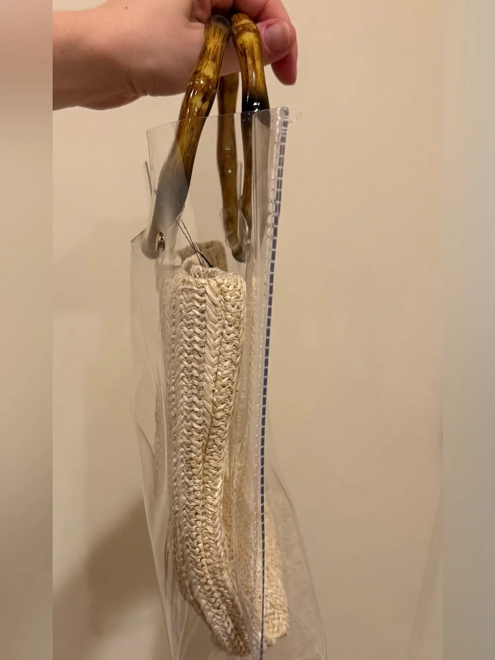 Clear Tote Bag with Woven Straw Insert and Tortoiseshell Handles